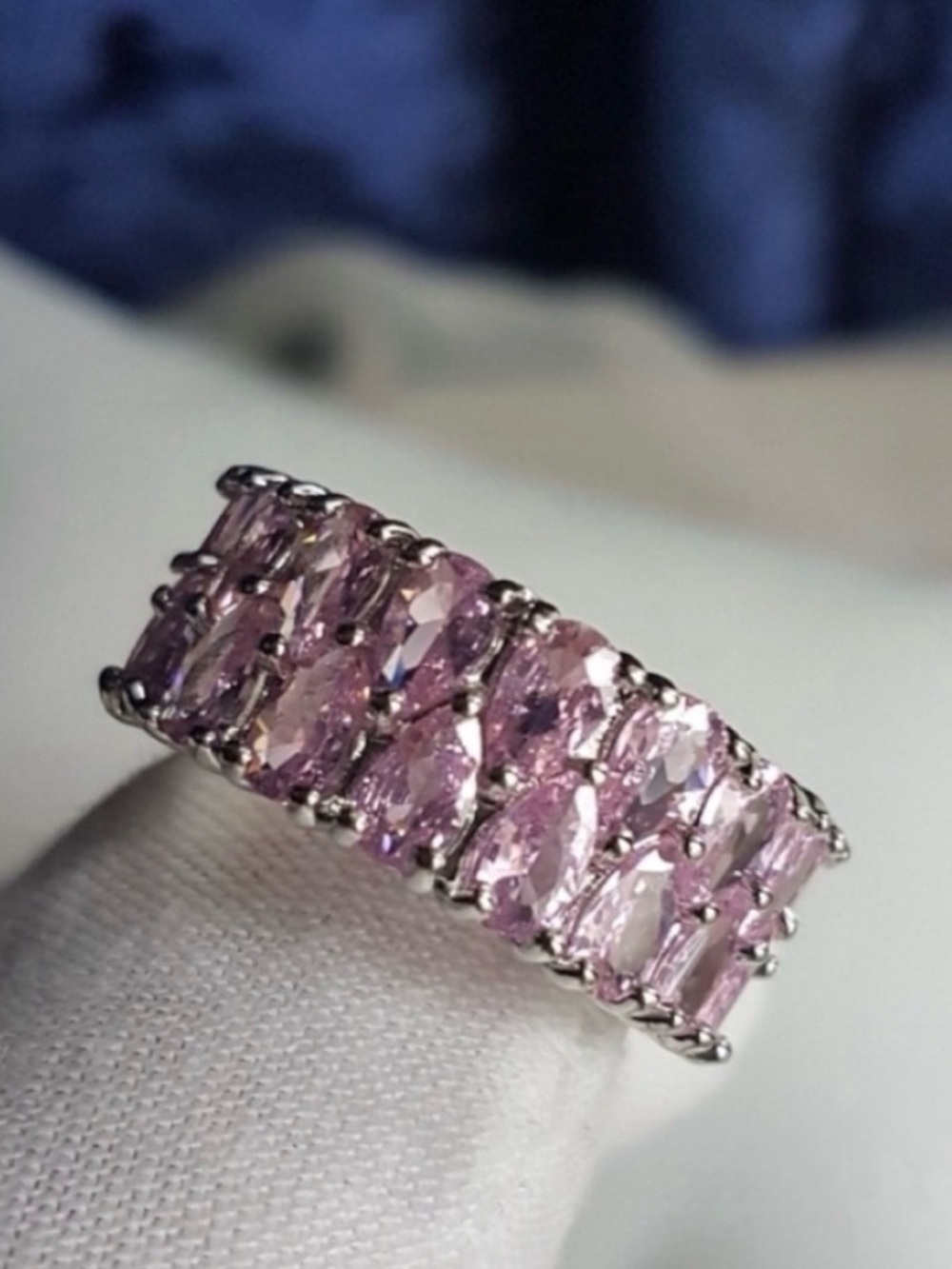 Swarovski Elements 925 Sterling Silver Pink Teardrop Eternity Band Ring NEW
